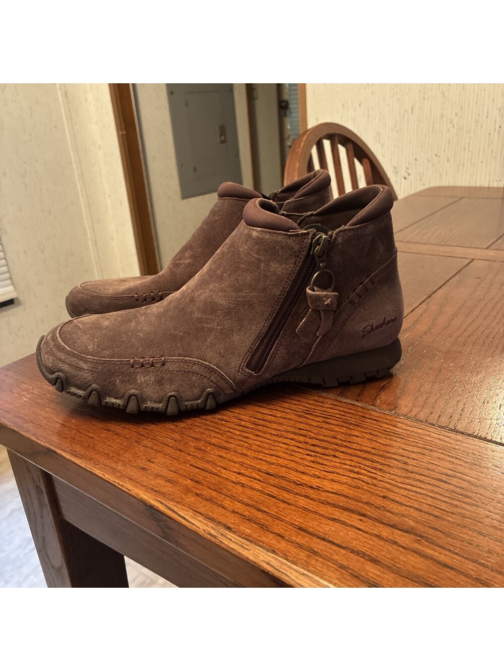 Skechers Bikers Zippiest Suede Ankle Boots Womenโs 8 Brown Relaxed Fit Booties
